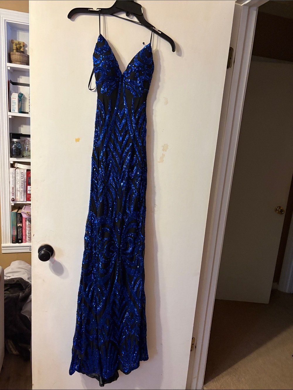 Royal Blue Sequin Spaghetti-Strap Prom Gown